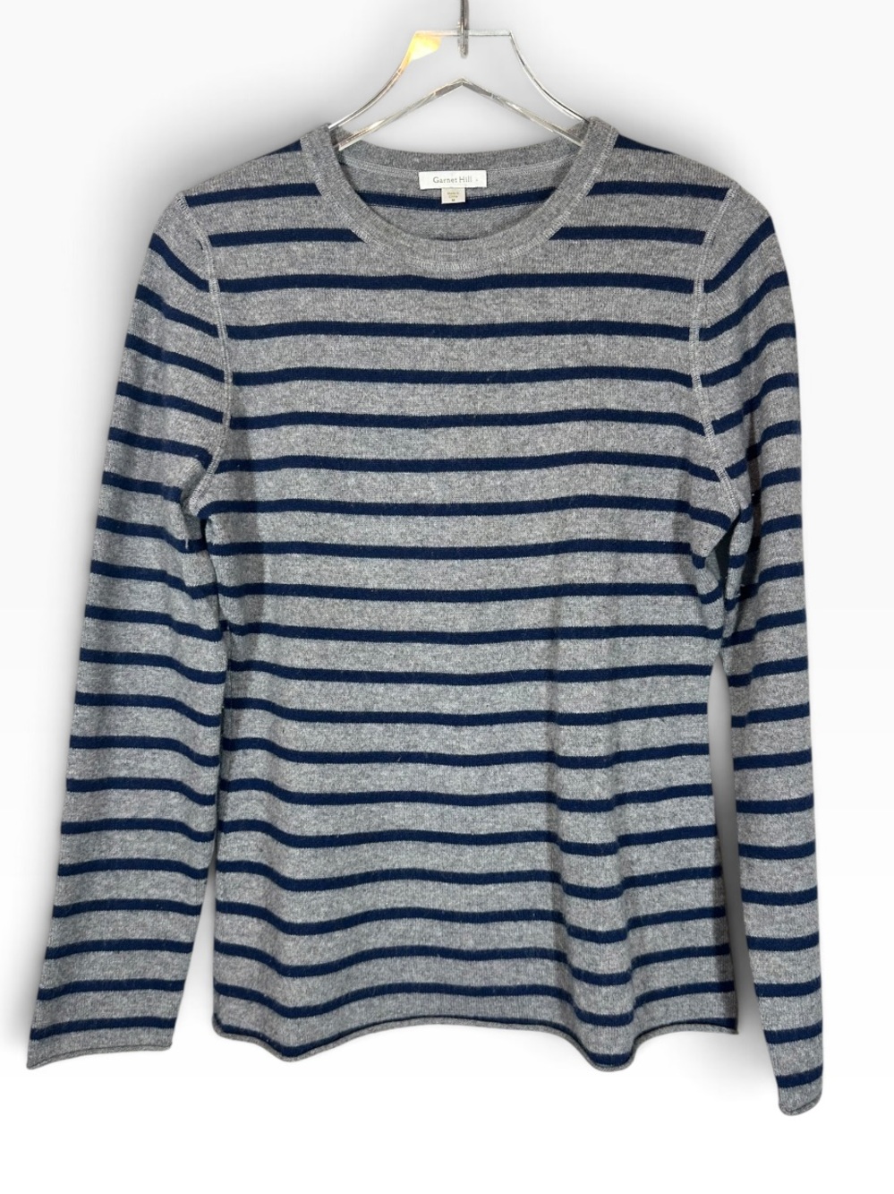 GARNET HILL Women's Medium Blue Grey Stripe Crewneck Cashmere Sweater